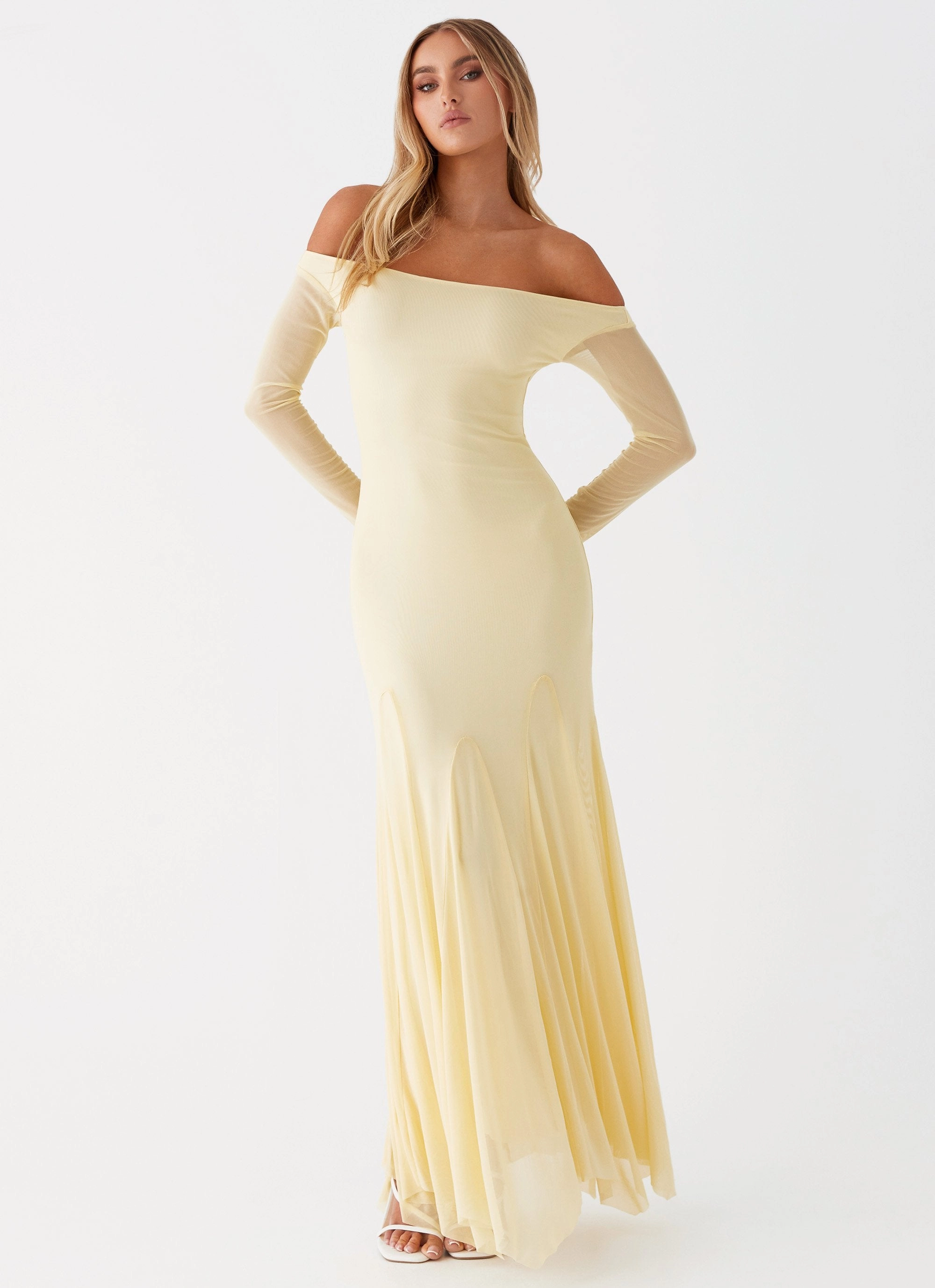 Maribel Maxi Dress - Yellow Silky Silhouette Side-Pocket