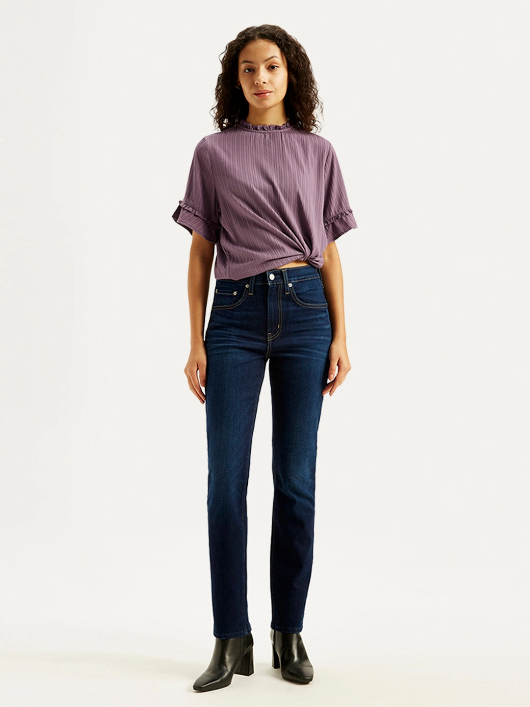 Women's 724 Navy Blue Straight Fit High Rise Jeans Multipurpose Utility Pockets Relaxed Thigh Cut