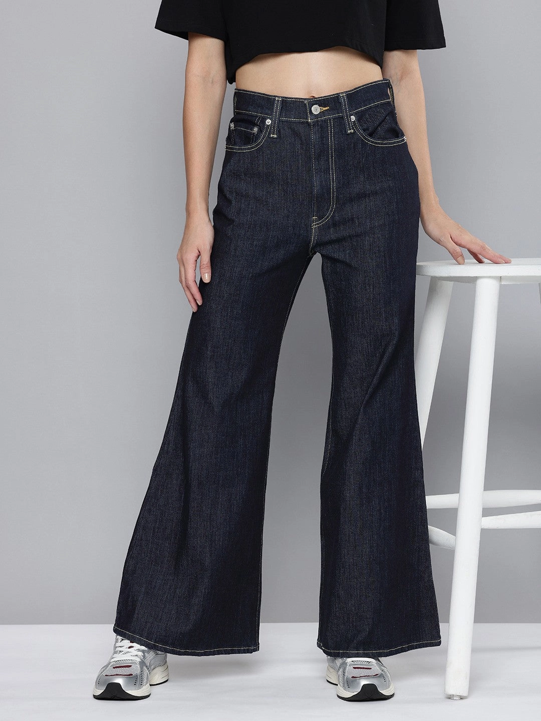 Women's Blue Ribcage Bell Bottom Wide Leg Fit High Rise Jeans Outfit Ease Outdoor Adventure Adult Fashion