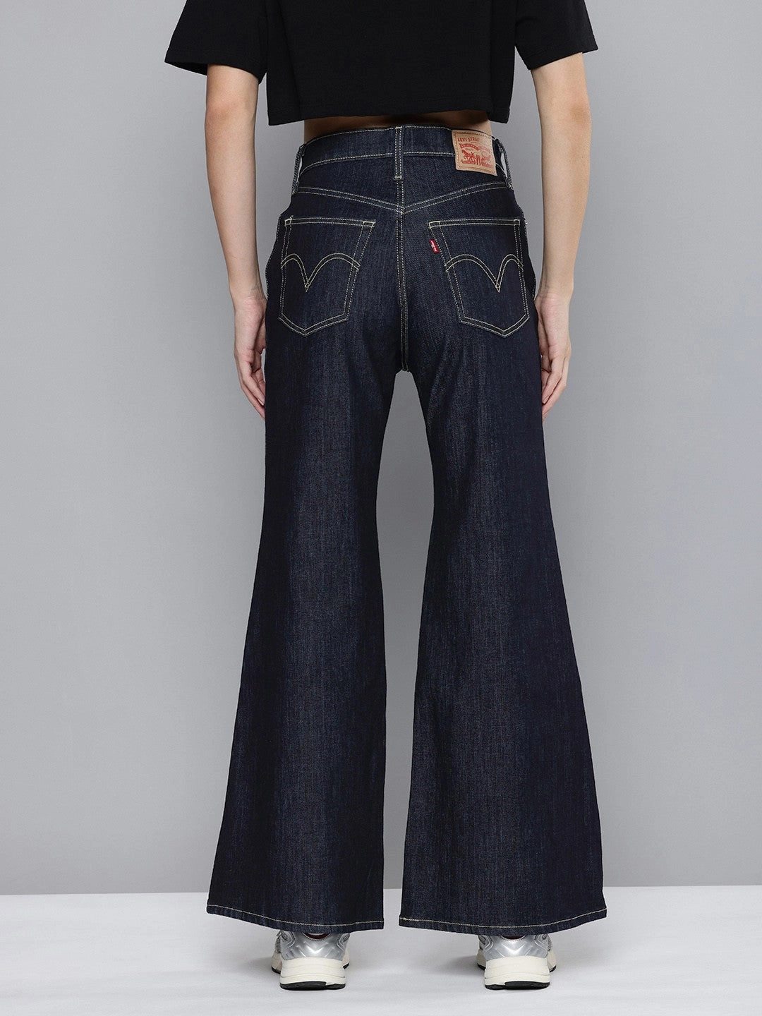 Evening Stroll Comfy Women's Blue Ribcage Bell Bottom Wide Leg Fit High Rise Jeans