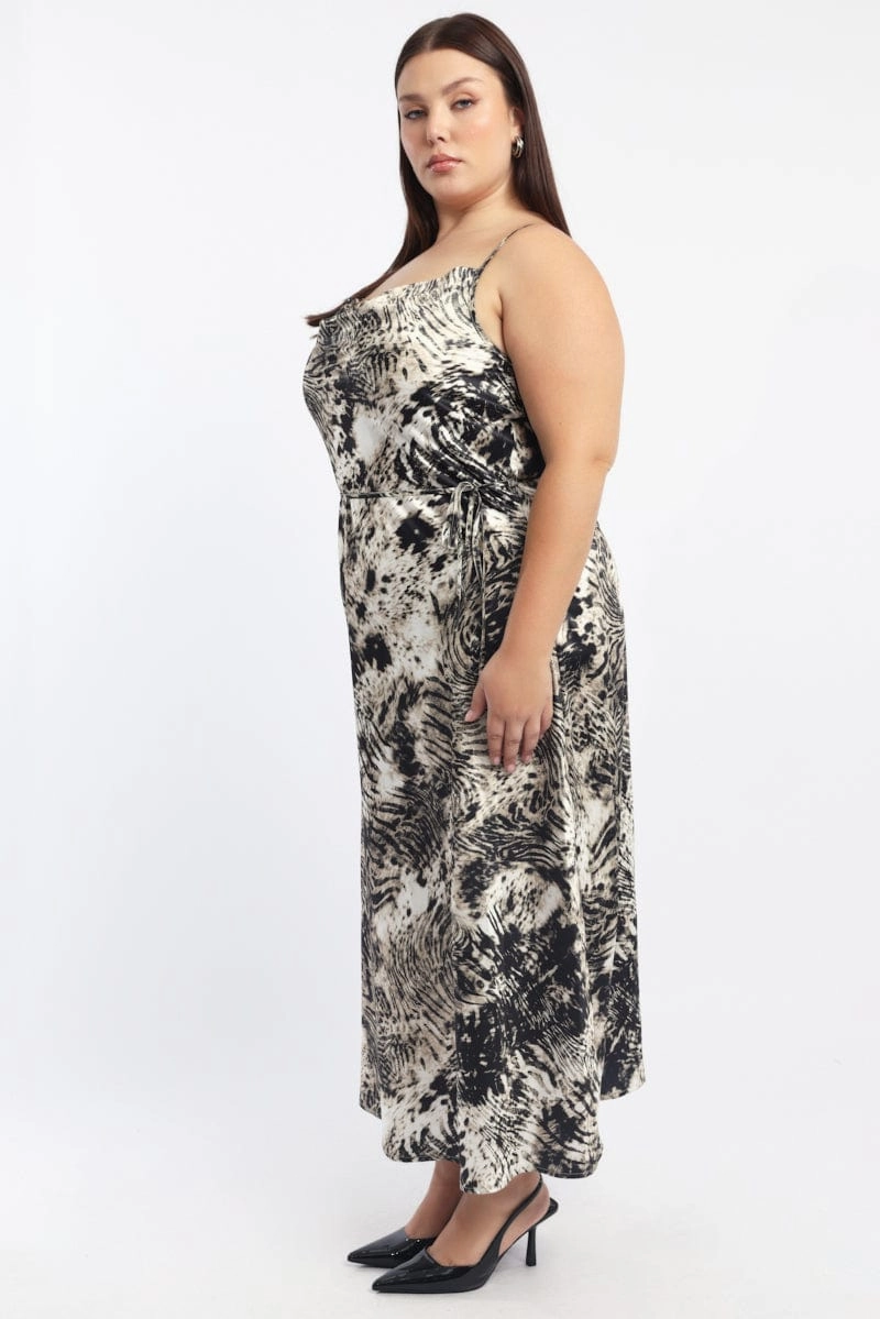 Black Animal Print Zebra Cowl Midi Dress Neutral Form