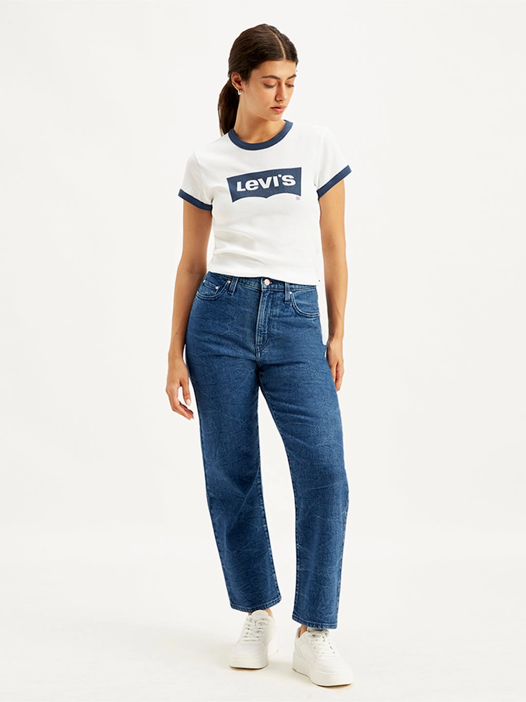 All Season Fit Relaxed Comfort Women's Blue Ribcage Straight Ankle Fit High Rise Jeans