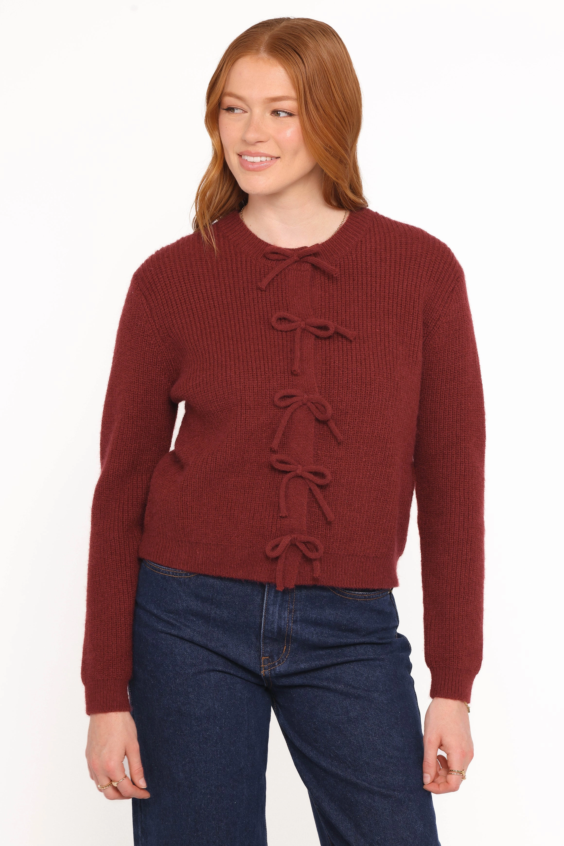 Weekend Classic Eco Conscious Production Wilde Bow Front Cardigan - Burgundy