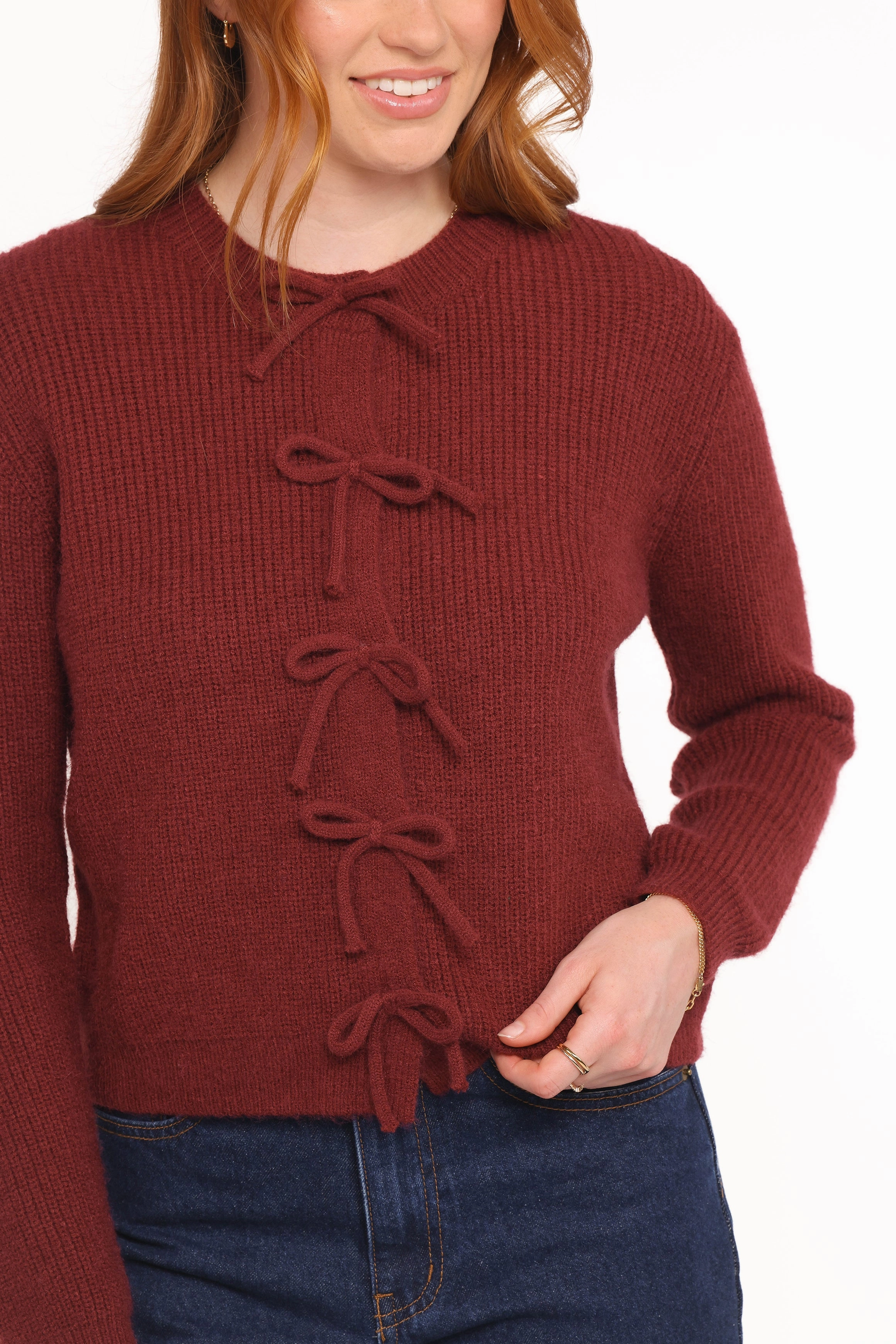 Calm Tones Natural Feel Wilde Bow Front Cardigan - Burgundy