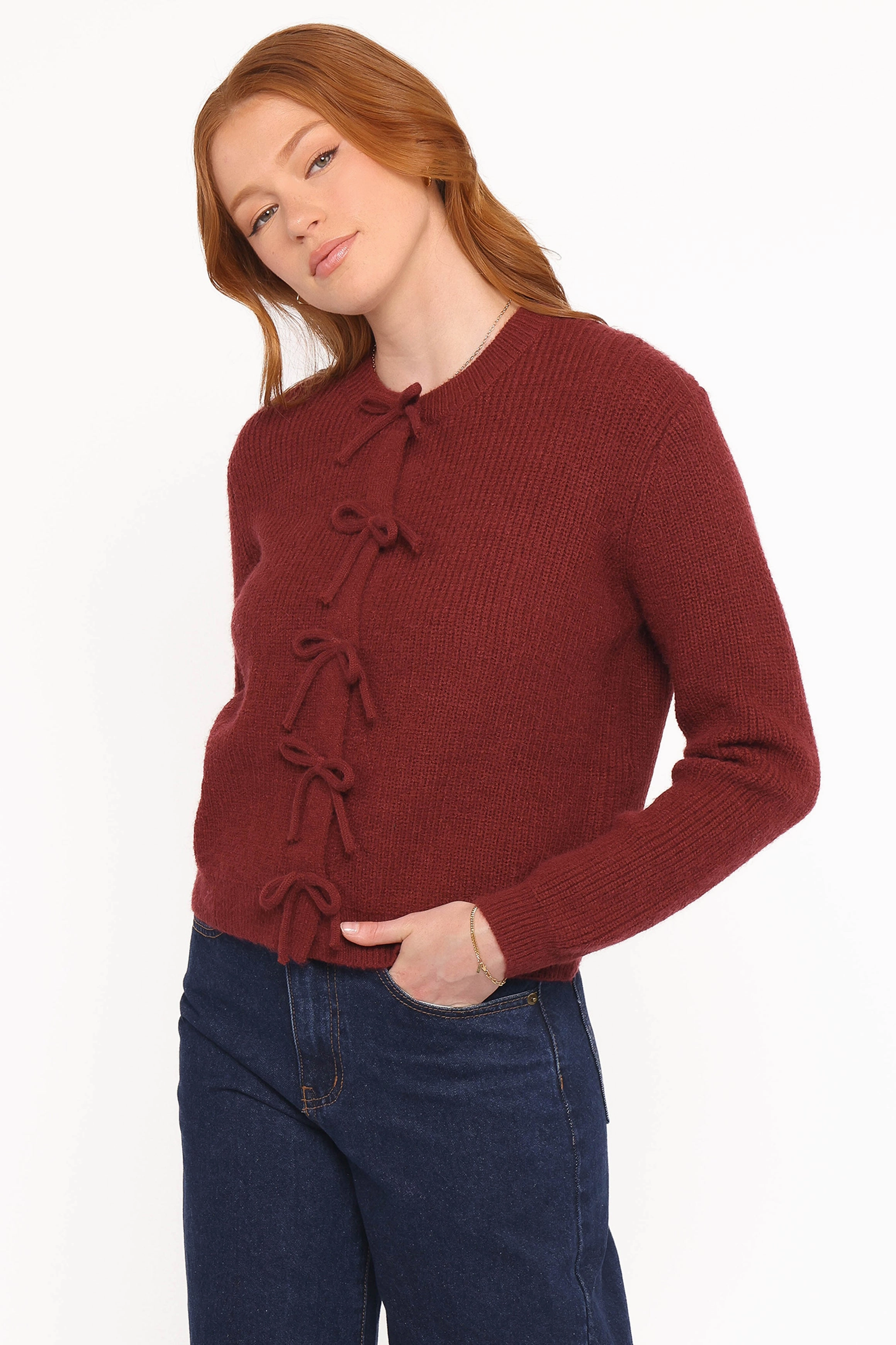 EcoFriendly Textile Wilde Bow Front Cardigan - Burgundy