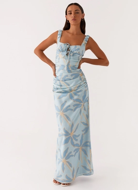 Relaxed fit wear Boho Aesthetic Cosmic Love Ruched Maxi Dress - Opulent Blue