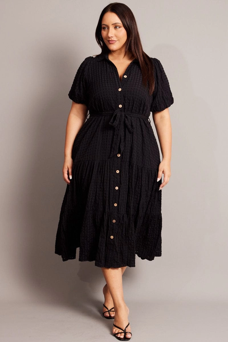 Summer Outfit Chill Friendly Black Midi Dress Short Sleeve Shirt