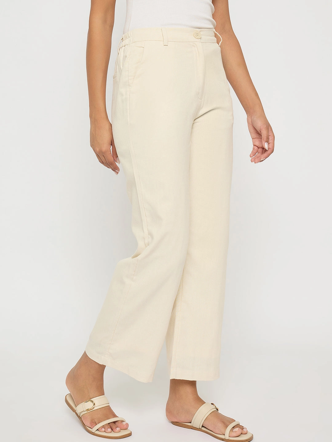Comfort Fit Madame Solid Wide Leg Off White Rayon Blend Trousers
