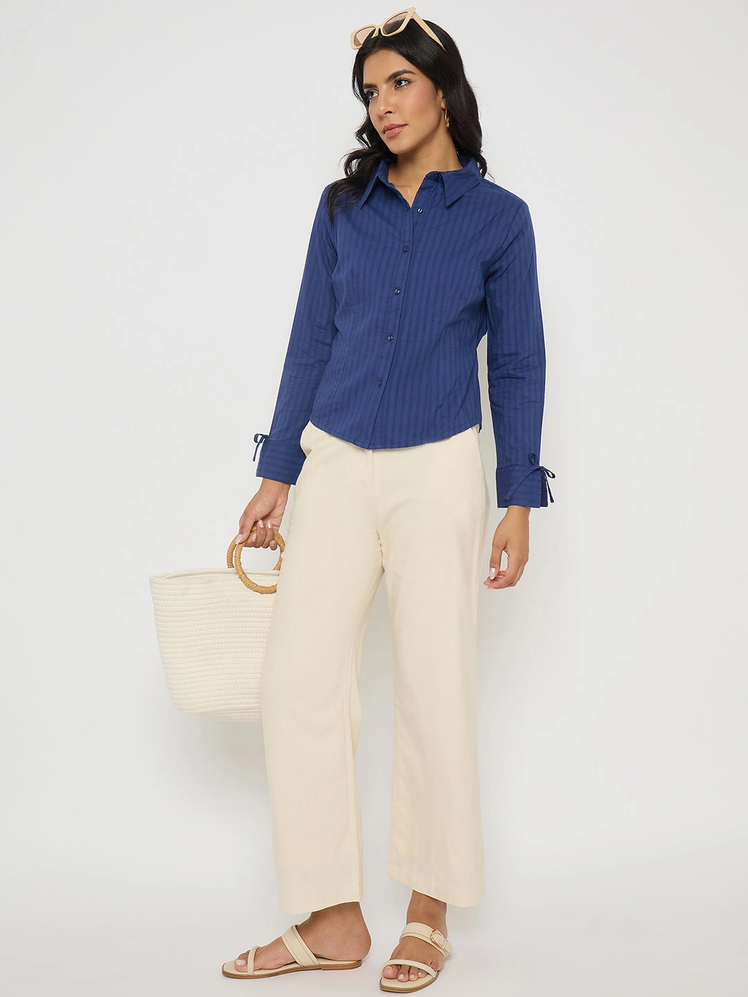 Madame Solid Wide Leg Off White Rayon Blend Trousers Smart Fit Adjustable Belt Loops