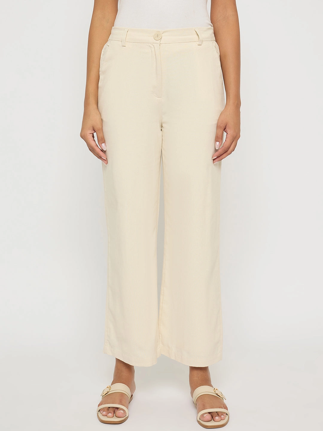 Active Comfort Madame Solid Wide Leg Off White Rayon Blend Trousers