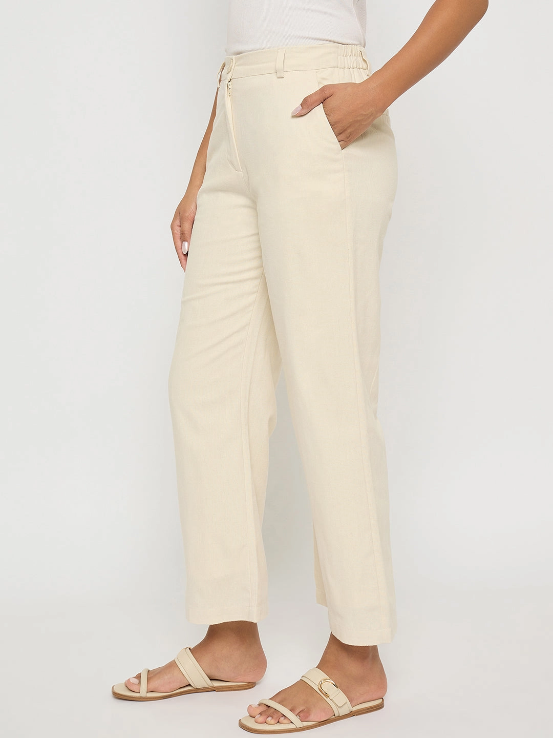 DurableBartack Madame Solid Wide Leg Off White Rayon Blend Trousers