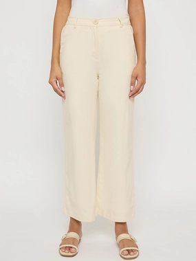 Active Comfort Madame Solid Wide Leg Off White Rayon Blend Trousers