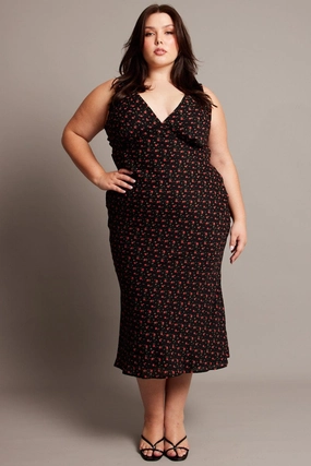 Black Floral Midi Dress Sleeveless V-neck Capsule-Wardrobe