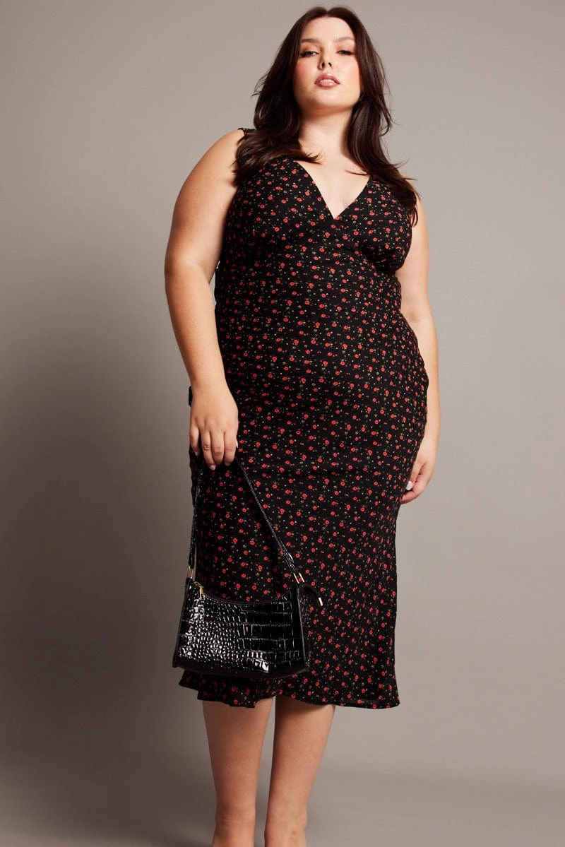 Lace Detail Black Floral Midi Dress Sleeveless V-neck