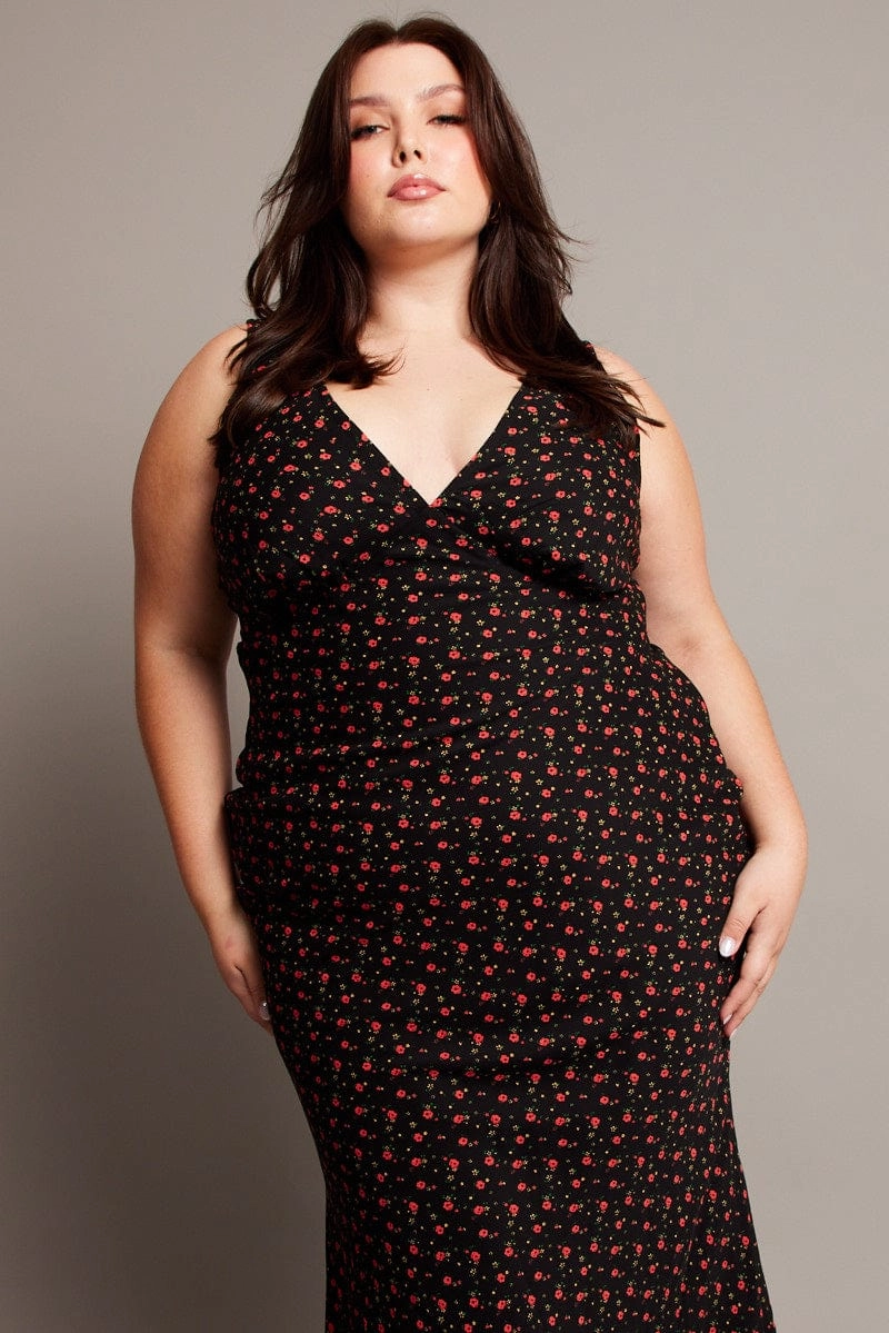 Black Floral Midi Dress Sleeveless V-neck Flattering Comfort Wear Feminine flowing piece