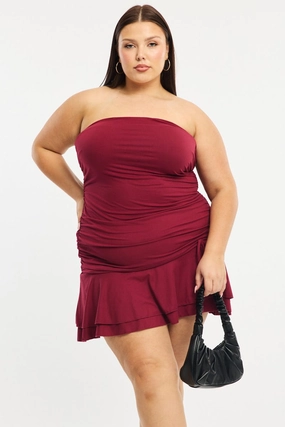 London Cool Red Mini Ruffle Dress Strapless Ruched Jersey