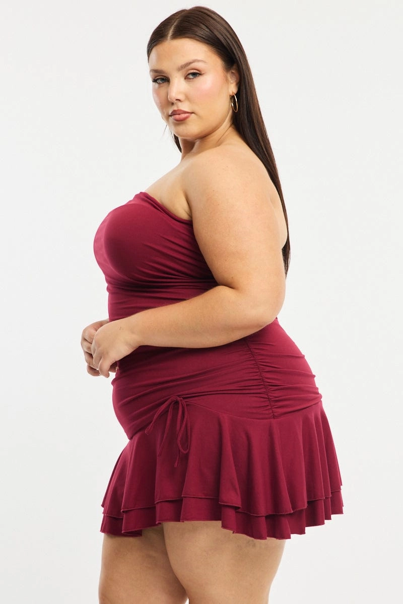 Red Mini Ruffle Dress Strapless Ruched Jersey Eco Friendly Relaxed Finish