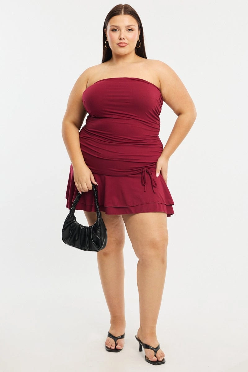 Red Mini Ruffle Dress Strapless Ruched Jersey Mood Glow Best-Seller