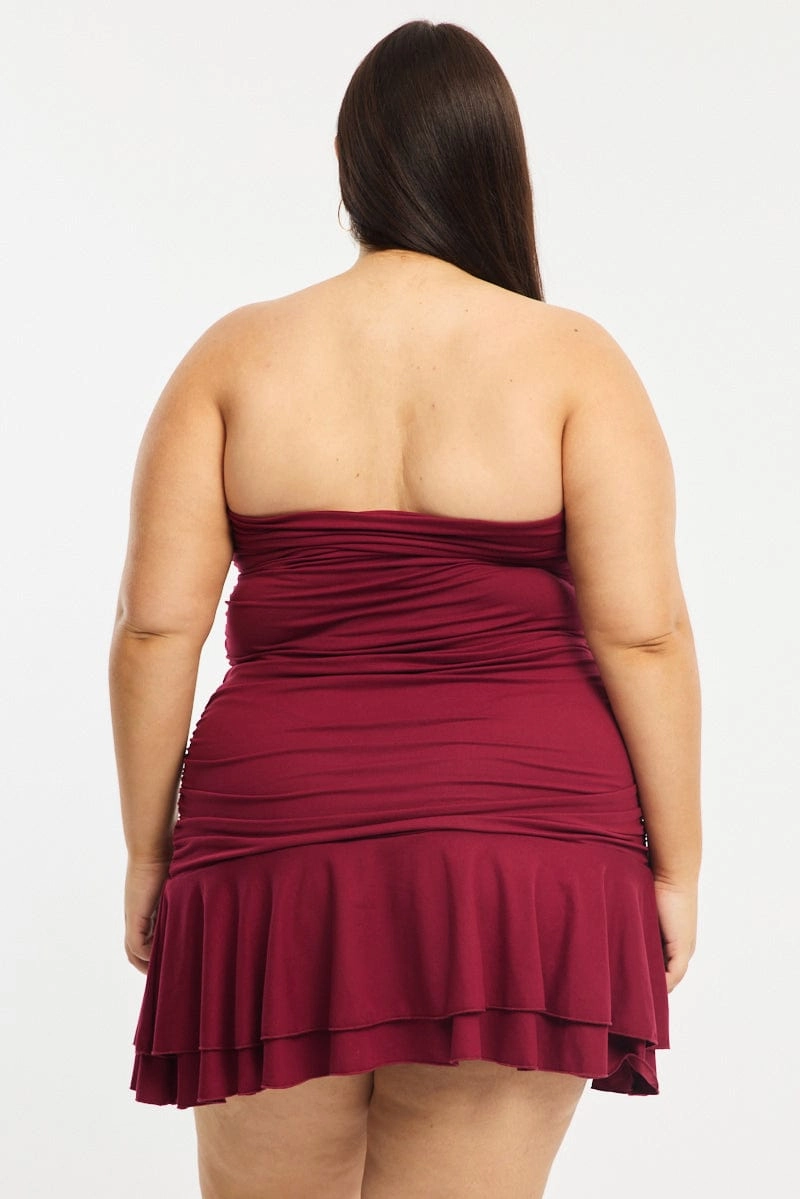 Seasonal Style Draped Layer Red Mini Ruffle Dress Strapless Ruched Jersey