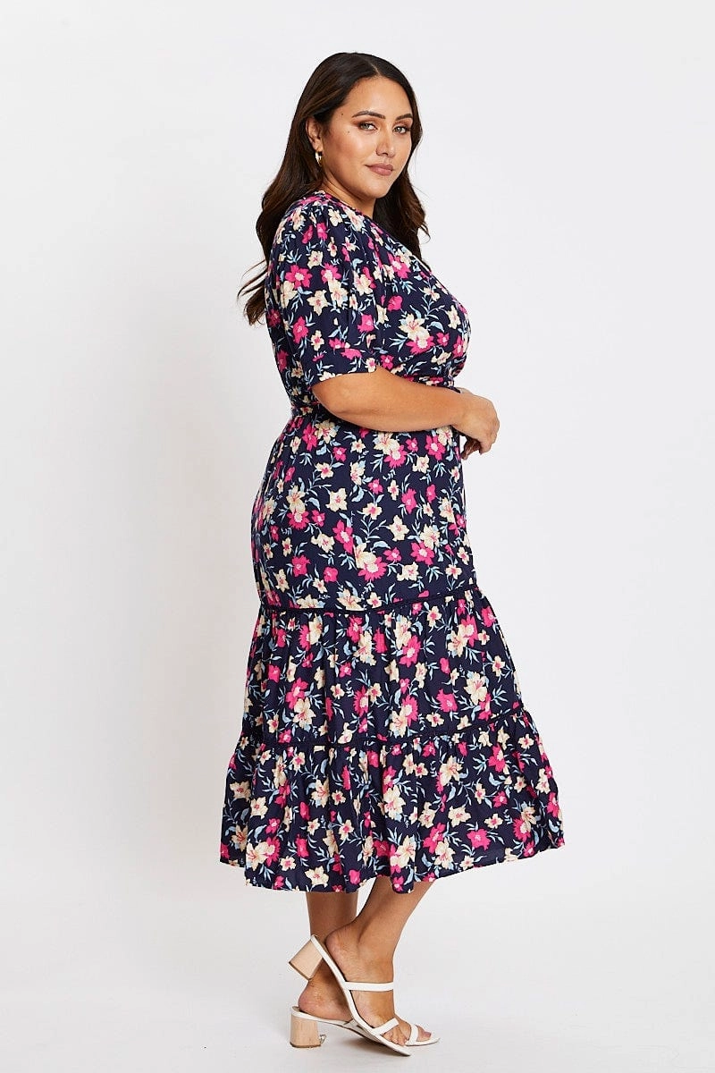 Zip Ease Comfortable Look Floral Print Short Sleeve Puff Sleeve Midi Dress