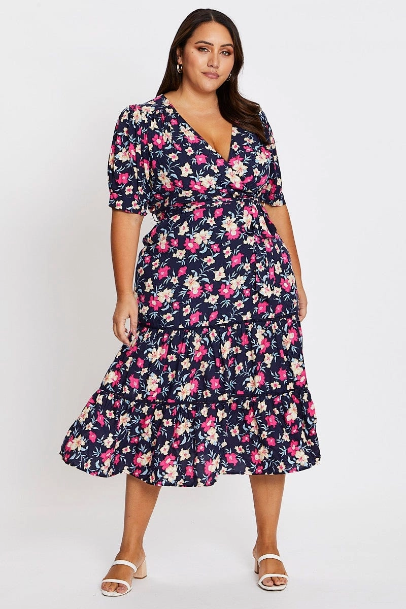 Perfect Layering Sleek and Simple Floral Print Short Sleeve Puff Sleeve Midi Dress