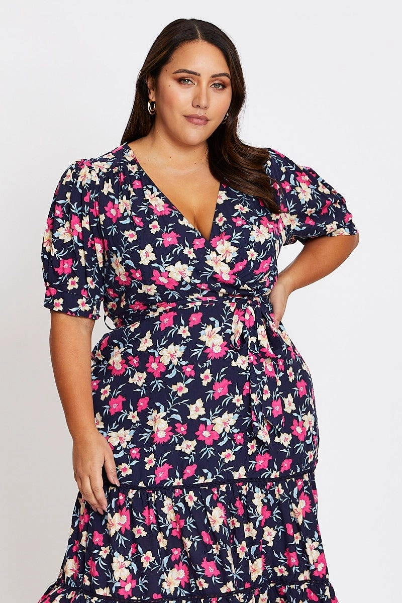 Back Detail Sheer Look Floral Print Short Sleeve Puff Sleeve Midi Dress