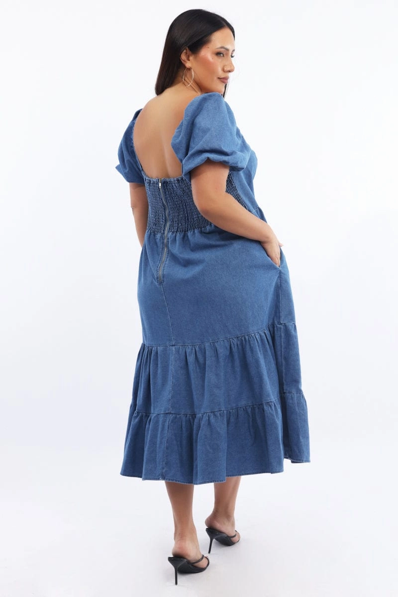 Denim Midi Dress Short Sleeve Tiered Piped-Edge Trendy Silhouette