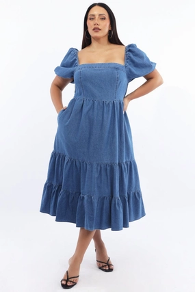 Denim Midi Dress Short Sleeve Tiered warm tones Chill Edge