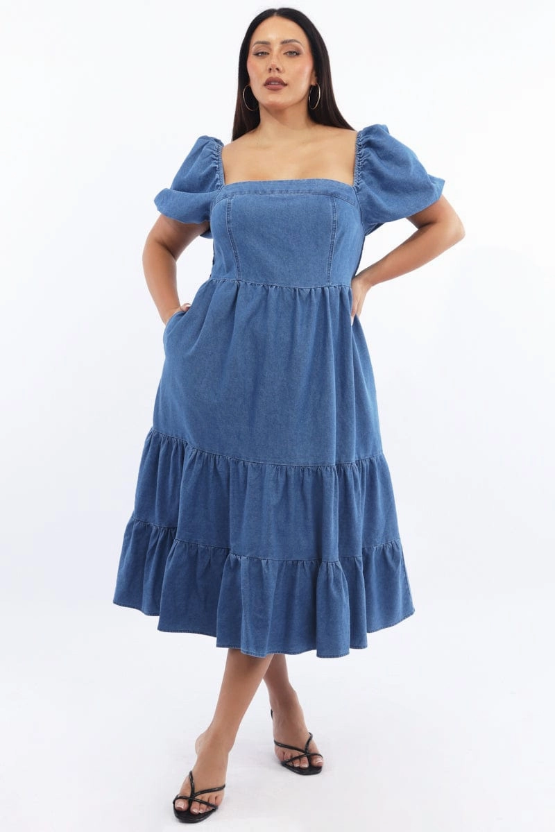 Denim Midi Dress Short Sleeve Tiered warm tones Chill Edge