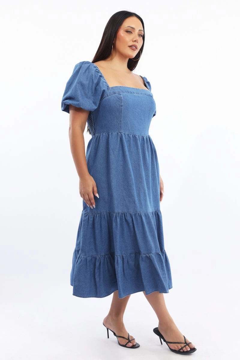 Denim Midi Dress Short Sleeve Tiered Flattering Silhouette Polished Cut