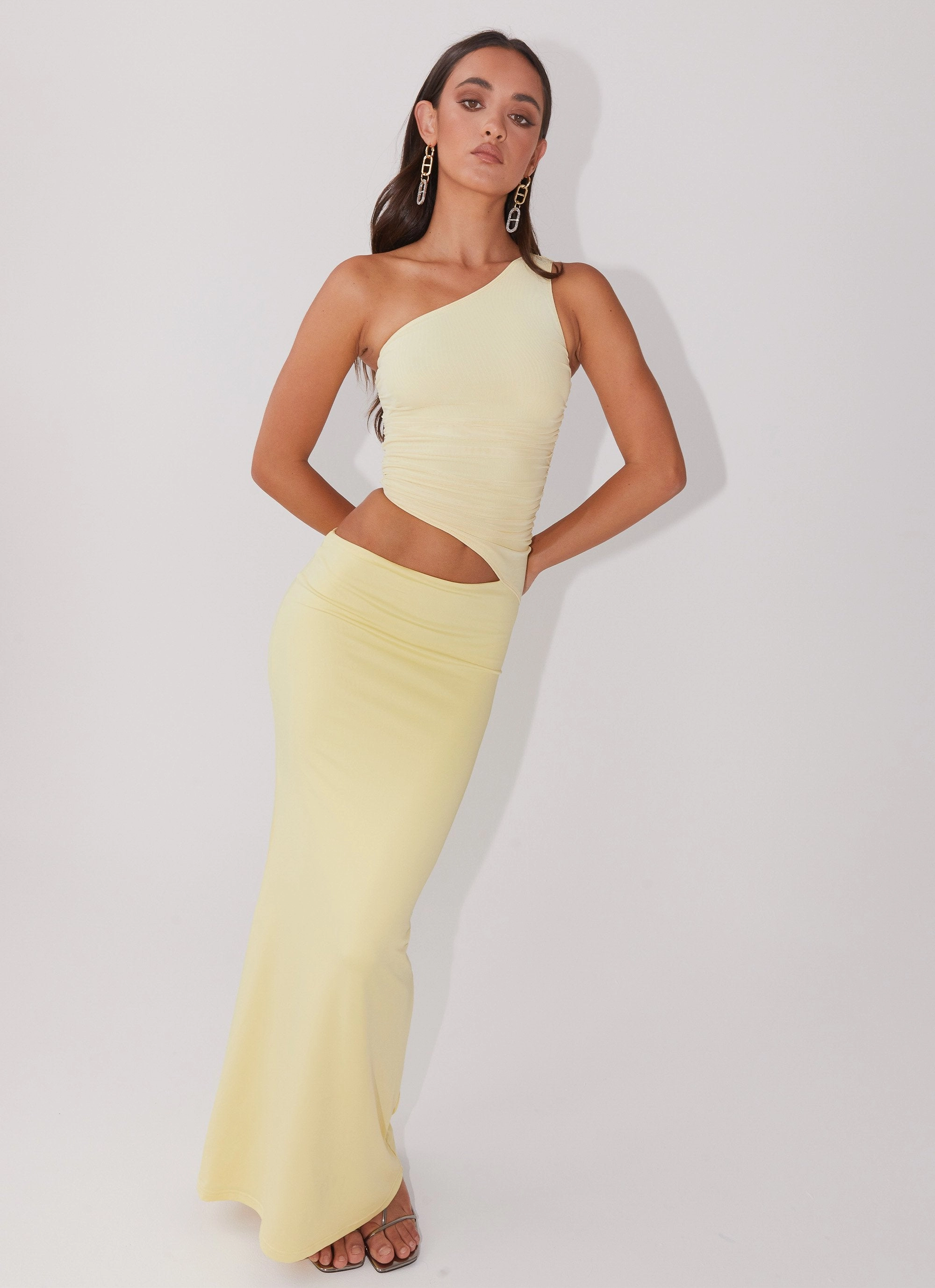 Seranella One Shoulder Maxi Dress - Lemon Pleat-Front