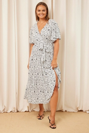 Cool Elegance White Animal Print Maxi Dress Short Sleeve Wrap Front Tiered