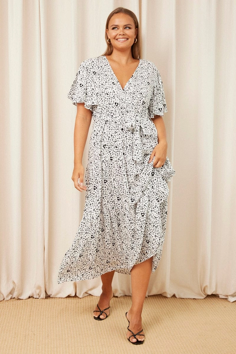 White Animal Print Maxi Dress Short Sleeve Wrap Front Tiered Body Ease