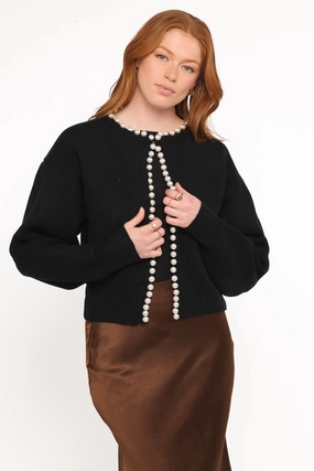 Multi Directional Stretch Bloom Pearl Knit Cardigan - Black