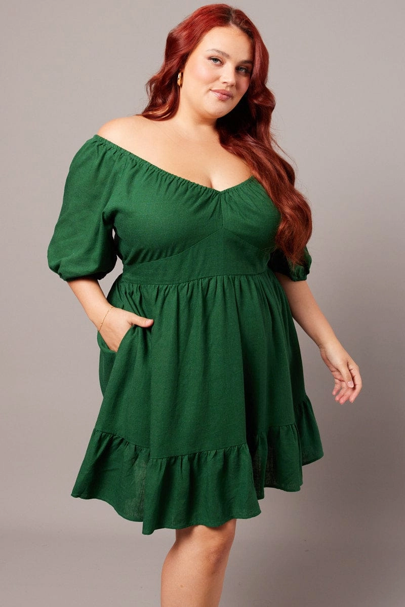 Green Tiered Mini Dress Shirred Back With Pockets Relax Motion