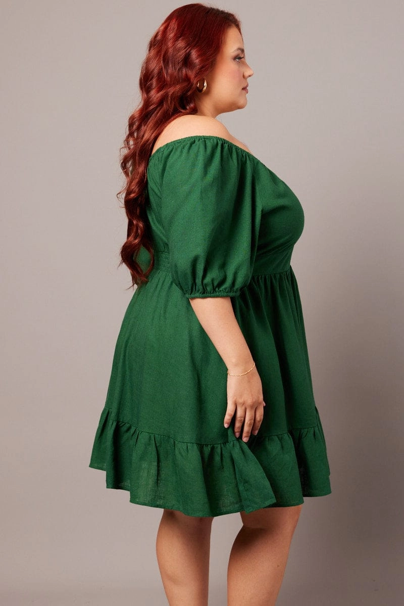 Soft cotton dress Vibe Style Green Tiered Mini Dress Shirred Back With Pockets