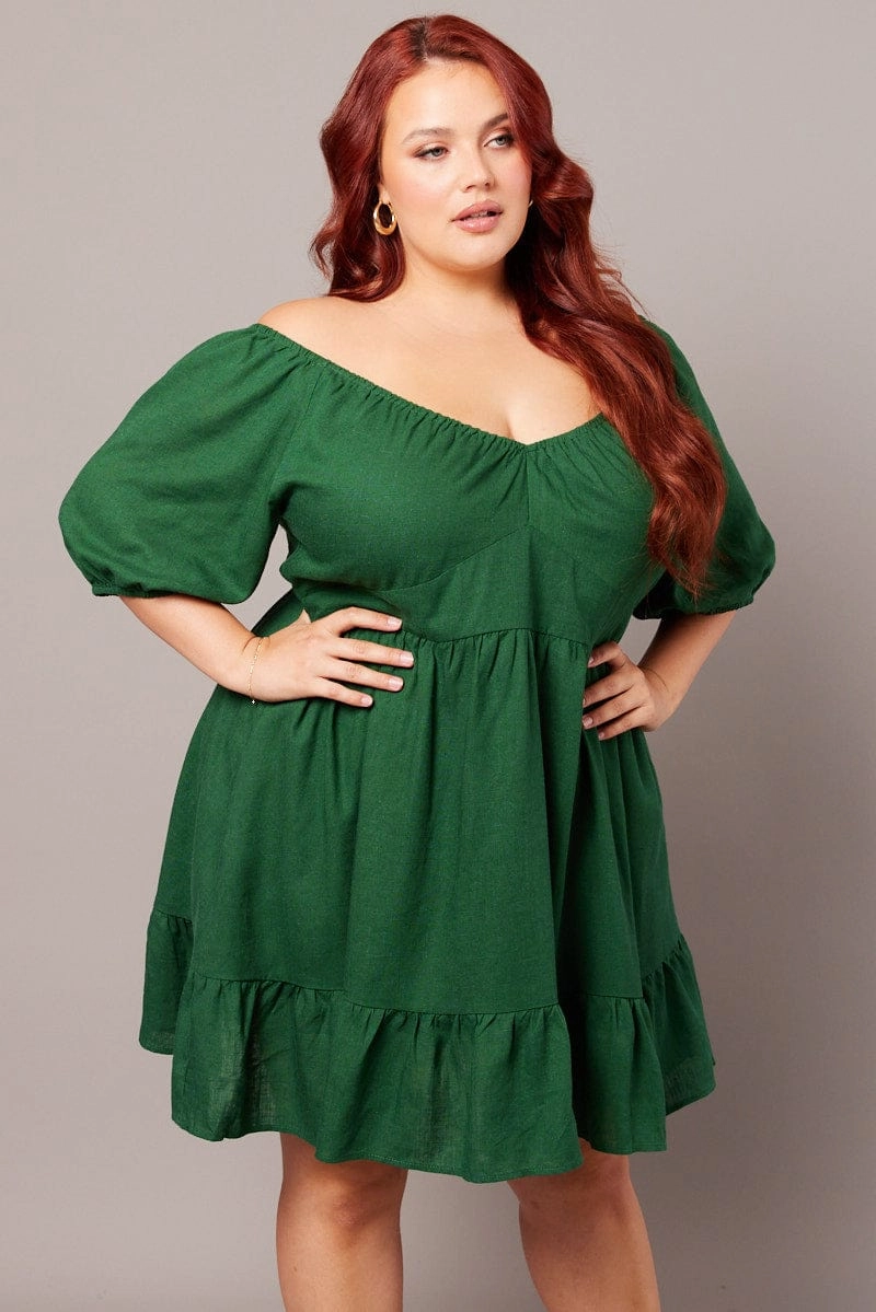 Green Tiered Mini Dress Shirred Back With Pockets everyday elegance Calm Silhouette