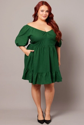 Elegant Wearable Green Tiered Mini Dress Shirred Back With Pockets