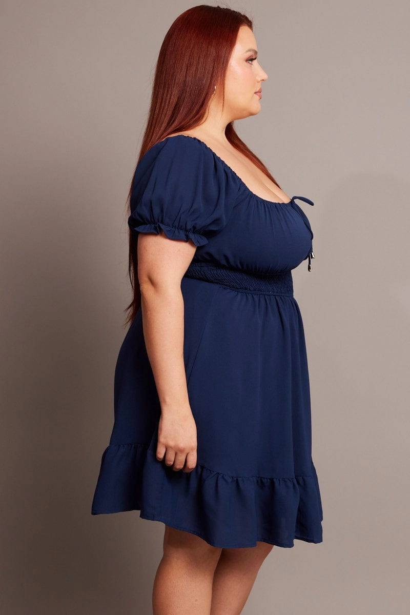 Denim Gathered Bust Tie Front Shirred Waist Minidress Comfortable Design Wear Flattering Waistband Fit