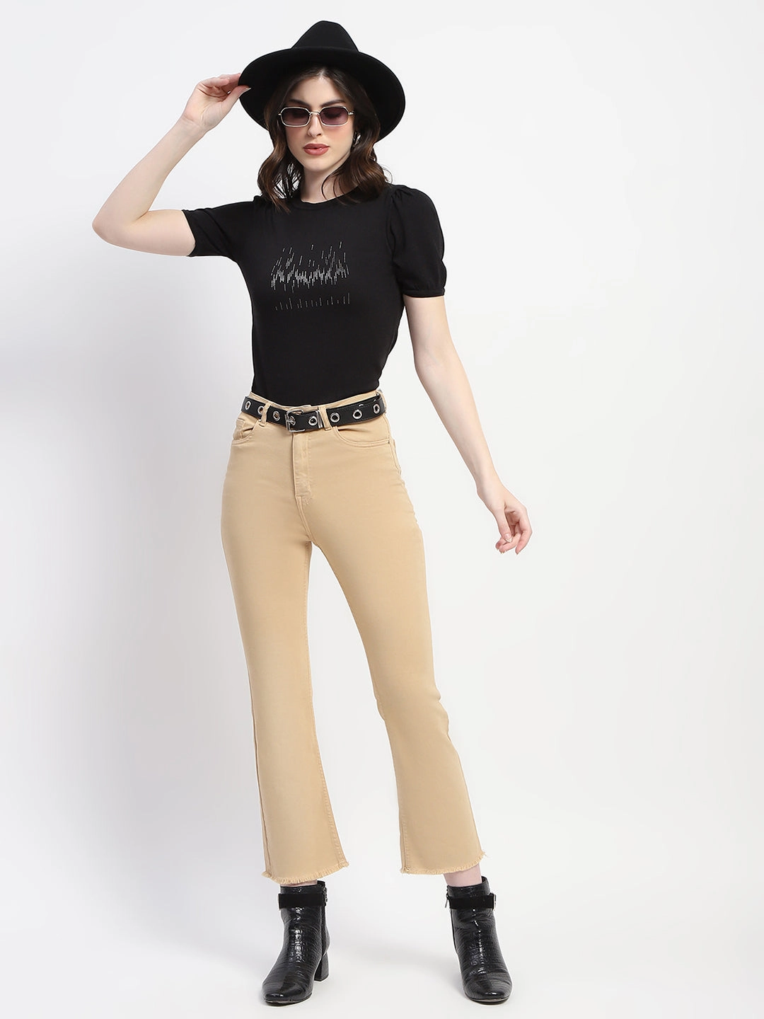 Soft Road Trip Youth Style Classic Casual Madame Frayed Hem Flared Beige Denim