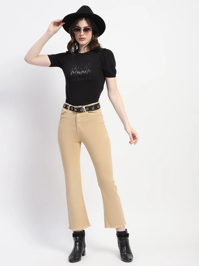 Soft Road Trip Youth Style Classic Casual Madame Frayed Hem Flared Beige Denim