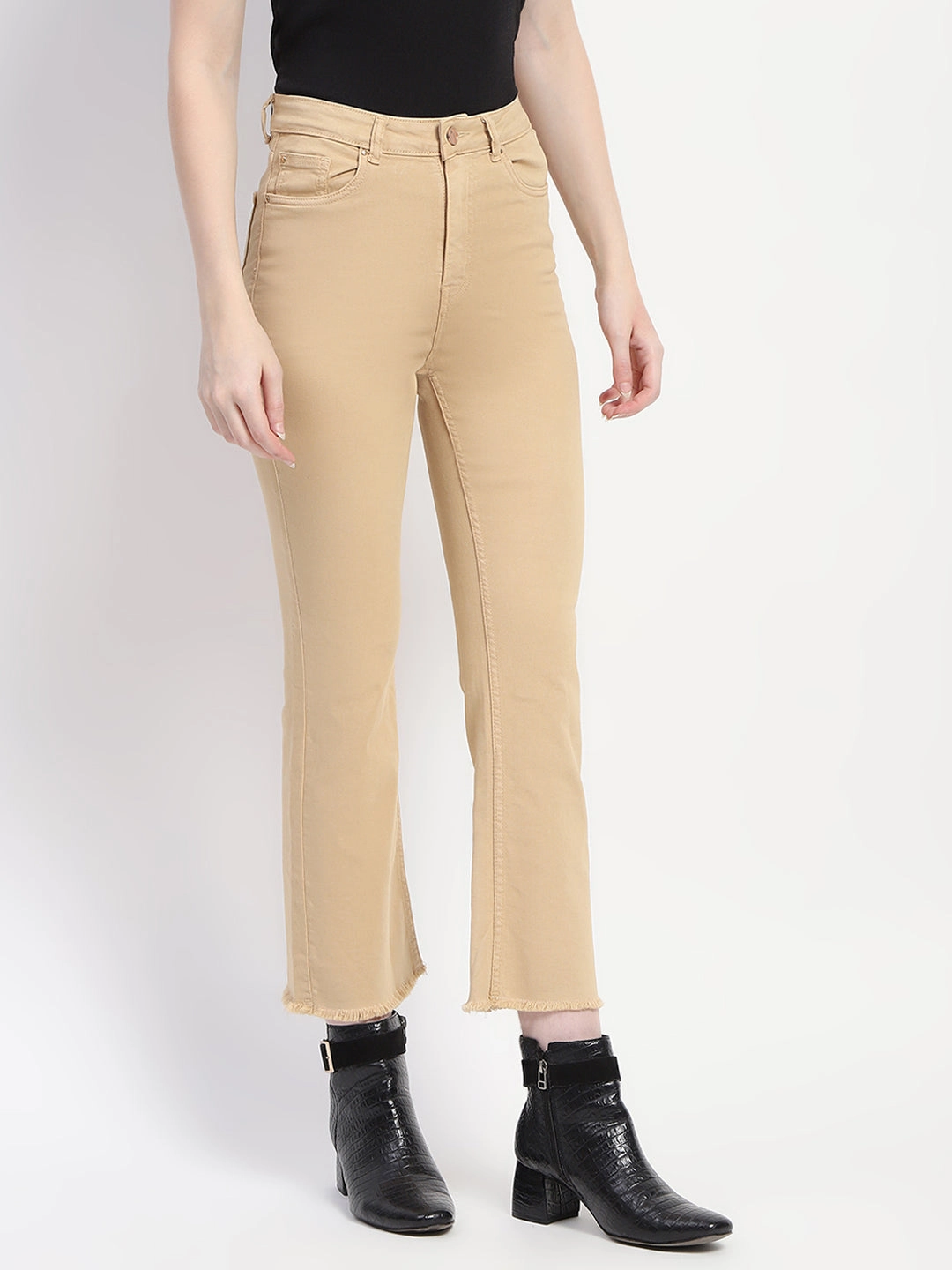Madame Frayed Hem Flared Beige Denim Basic Style All Time Basic