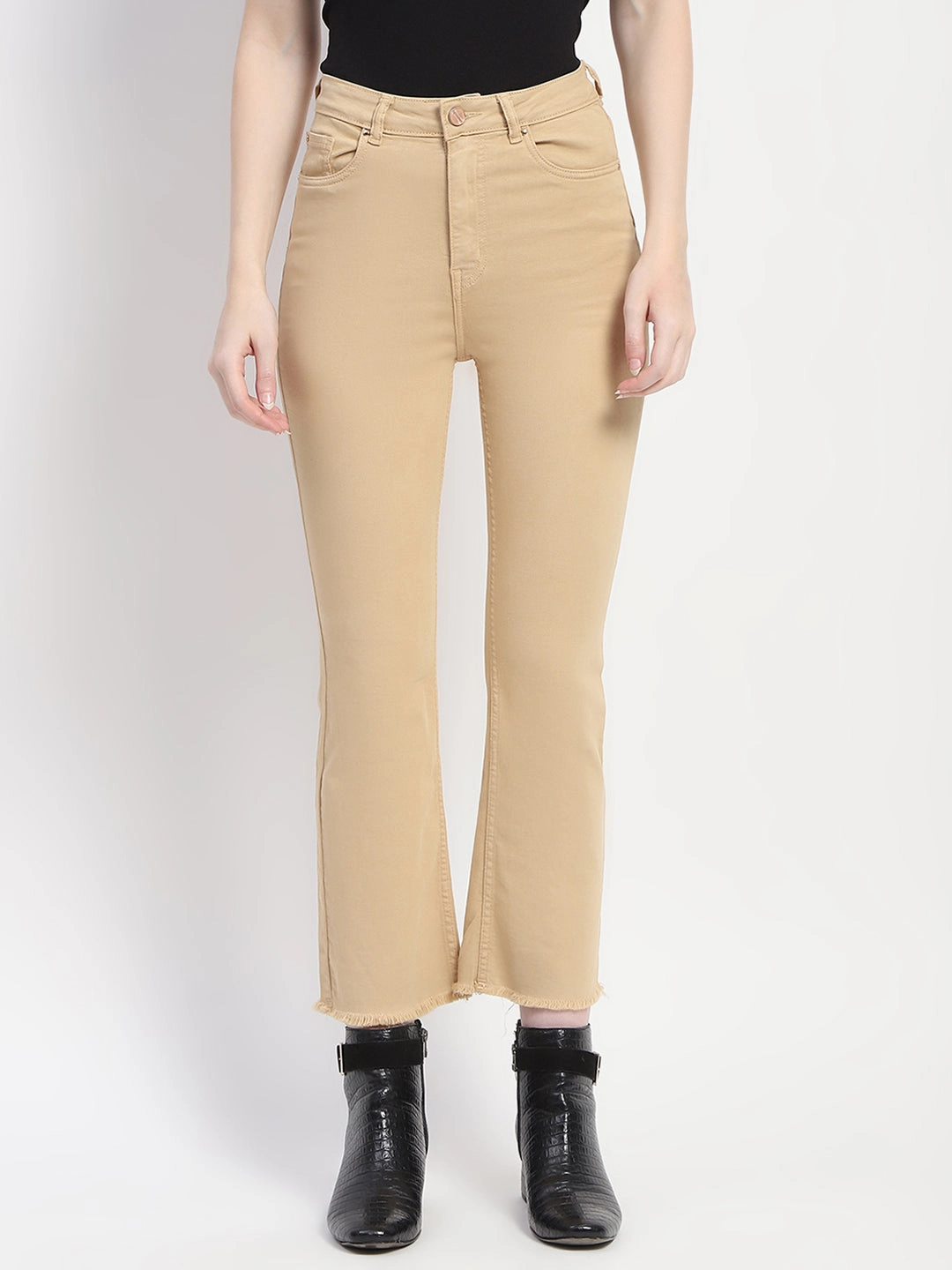 Flex Knit Waist Panel Streetwear Fan Minimalist Style Madame Frayed Hem Flared Beige Denim