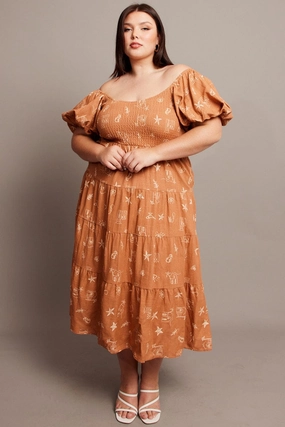 Brown Abstract Midi Dress Short Sleeve Shirred Magic Day Color Pop