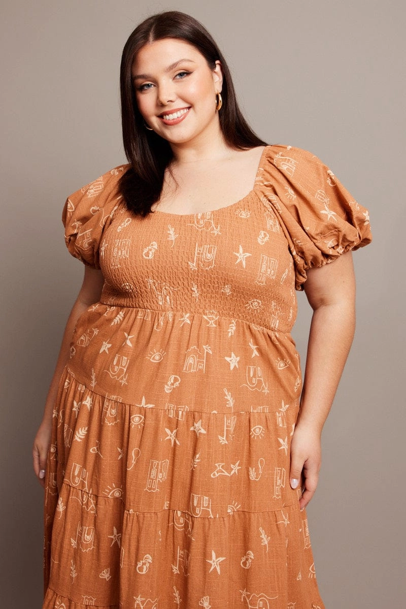 Elegant Waistband Fit Brown Abstract Midi Dress Short Sleeve Shirred