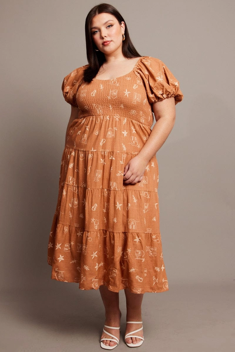 Brown Abstract Midi Dress Short Sleeve Shirred Soft and Relaxed