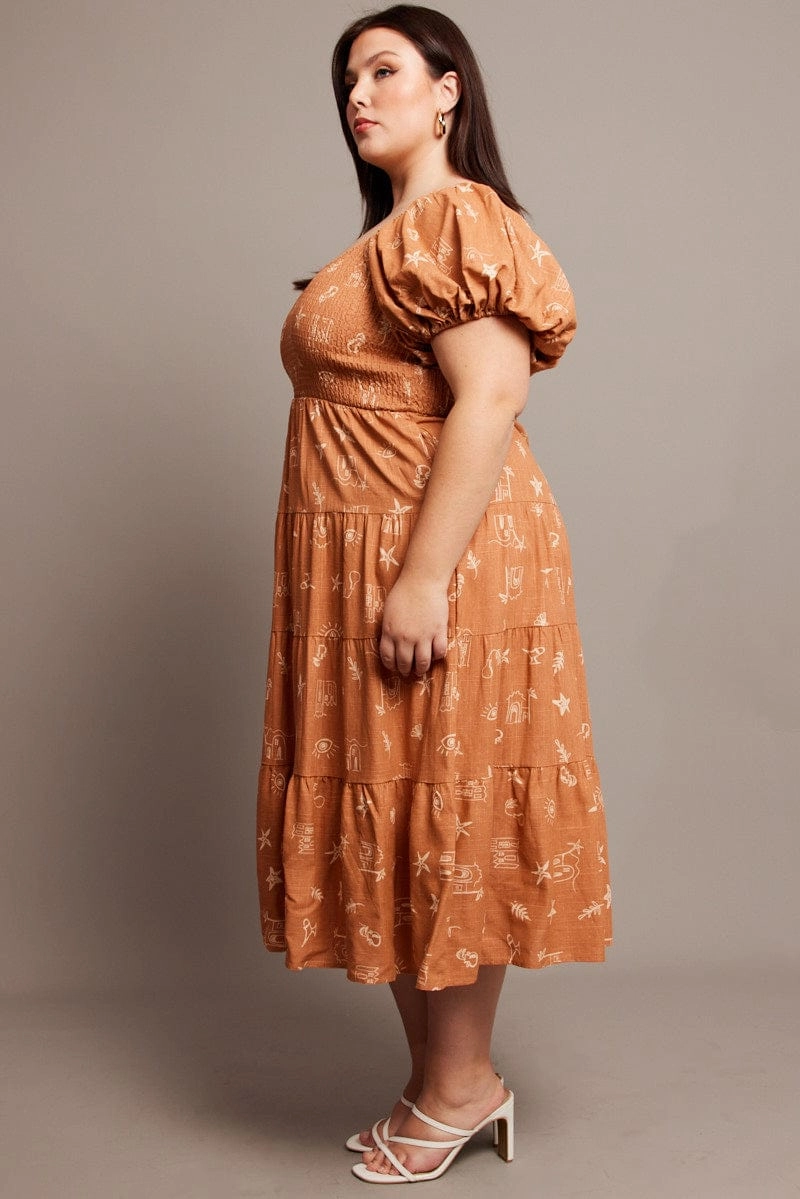 Brown Abstract Midi Dress Short Sleeve Shirred Ombre-Effect