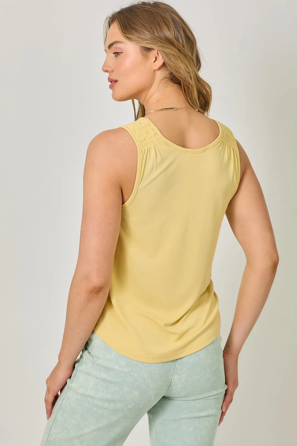 Fresh Trend Cupro Modal Smocked Shoulder Tank | Muted Yellow Lightweight Feel