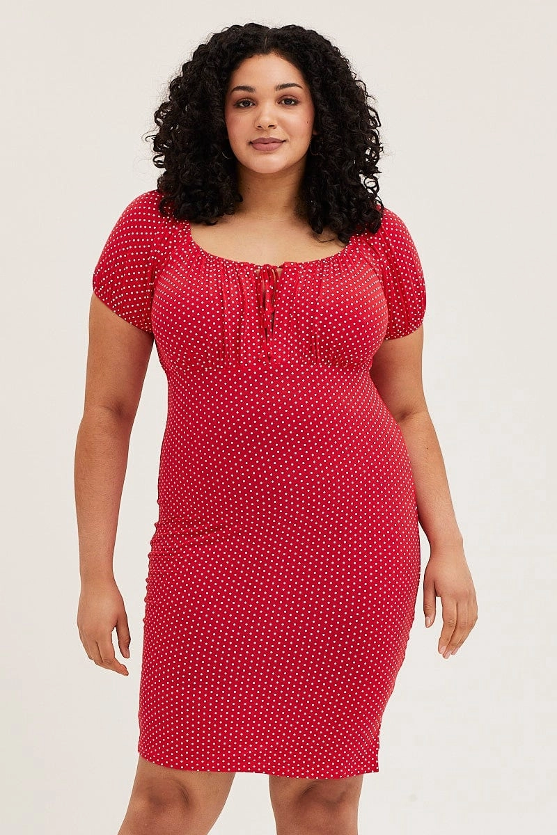 Decorative-Design Urban Feel Polka Dot Short Puff Sleeve Red Spot Bodycon Dress