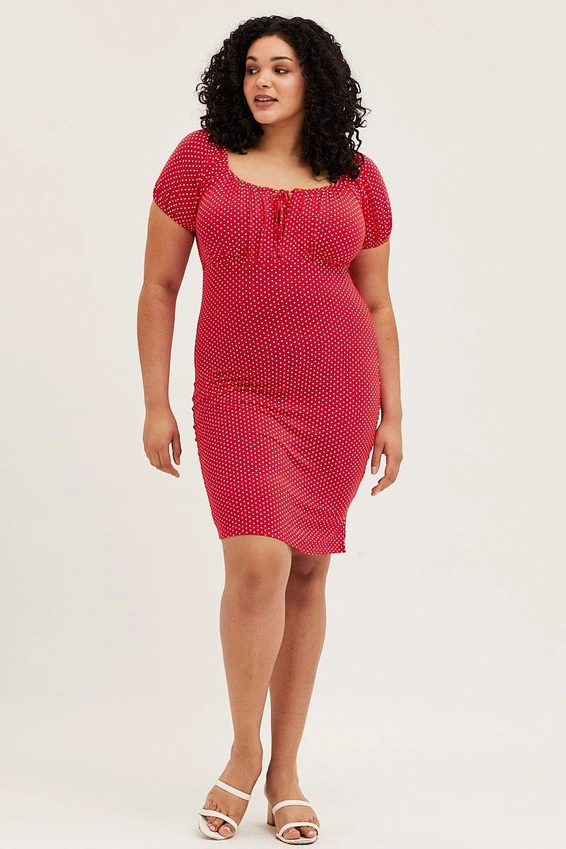 Glossy-Finish Modern Staple Polka Dot Short Puff Sleeve Red Spot Bodycon Dress